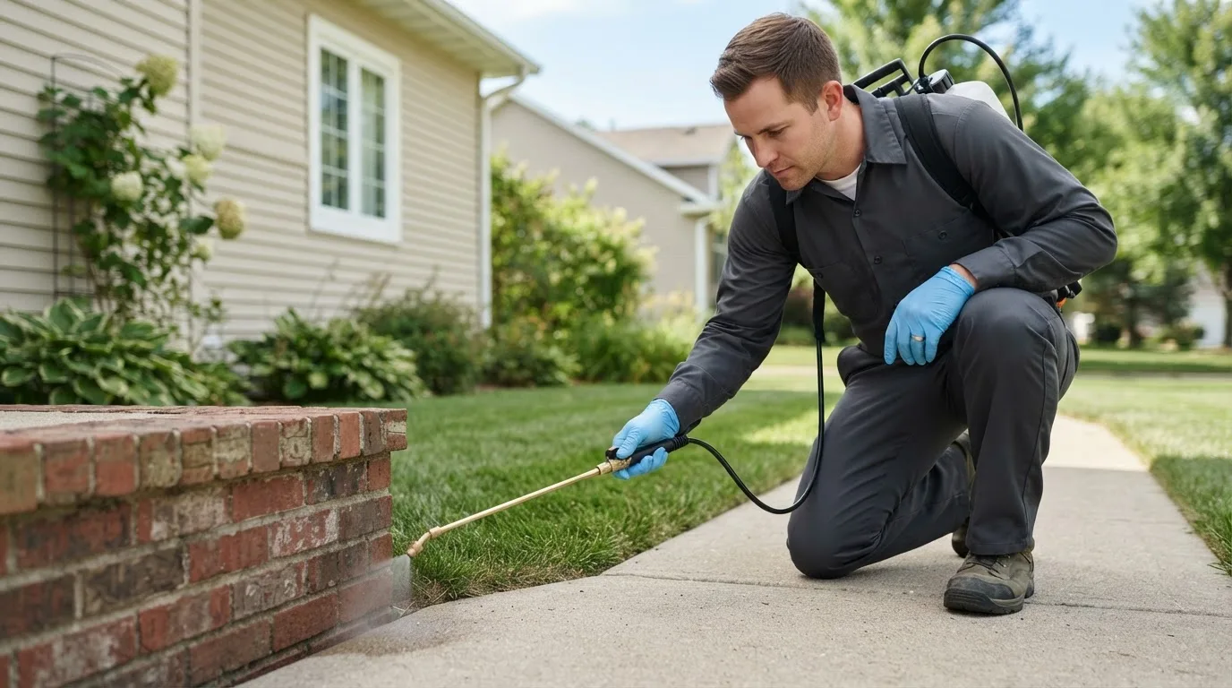 Pest control technician treating a home near Blooming Prairie, MN