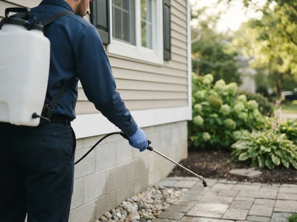Pest control technician inspecting a home in Blooming Prairie, MN